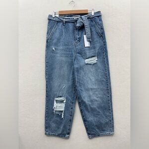 VERVET Los Angeles Women’s 30 Belted Mom Jeans Distressed Cotton